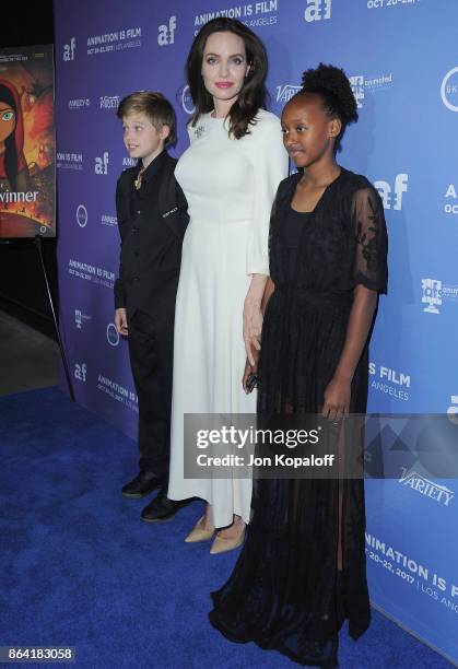 Shiloh Jolie-Pitt, Angelina Jolie and Zahara Jolie-Pitt arrive at the premiere of Gkids' "The Breadwinner" at TCL Chinese 6 Theatres on October 20,...