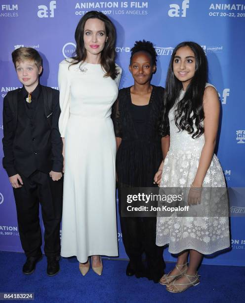 Angelina Jolie, daughter Shiloh Jolie-Pitt , daughter Zahara Jolie-Pitt and actress Saara Chaudry arrive at the premiere of Gkids' "The Breadwinner"...