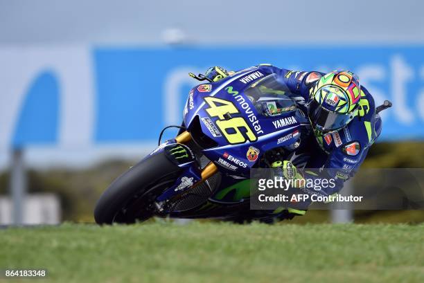 Yamaha rider Valentino Rossi of Italy negotiates a corner during the qualifying session of the Australian MotoGP Grand Prix at Phillip Island on...