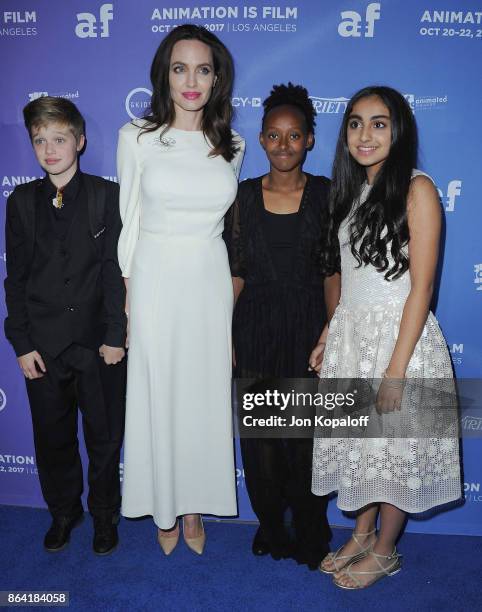 Angelina Jolie, daughter Shiloh Jolie-Pitt , daughter Zahara Jolie-Pitt and actress Saara Chaudry arrive at the premiere of Gkids' "The Breadwinner"...