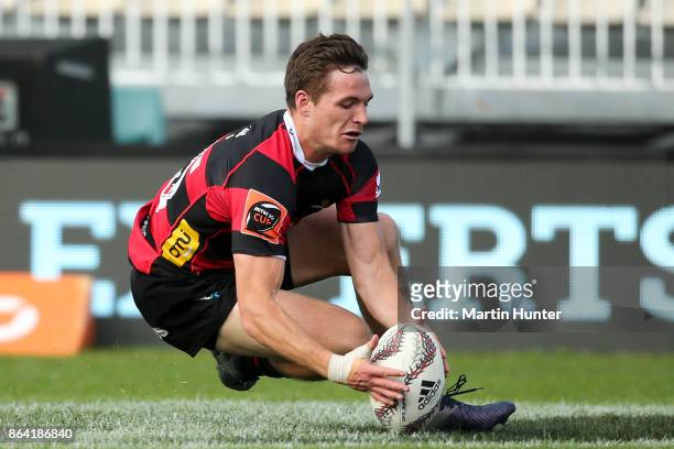 George Bridge of Canterbury scores a try during the Mitre 10 Cup Semi Final match between Canterbury and North Harbour at AMI Stadium on October 21,...