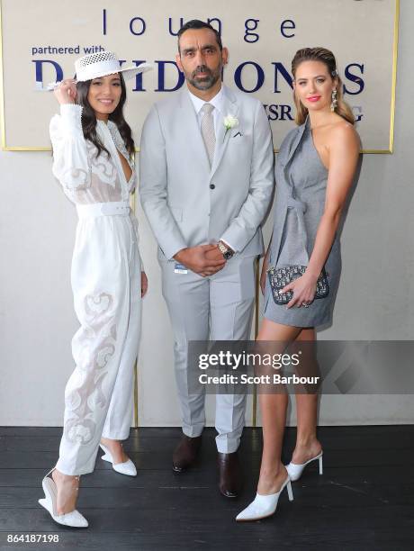 Jessica Gomes, Adam Goodes and Jesinta Franklin attend the David Jones Marquee on Caulfield Cup Day at Caulfield Racecourse on October 21, 2017 in...