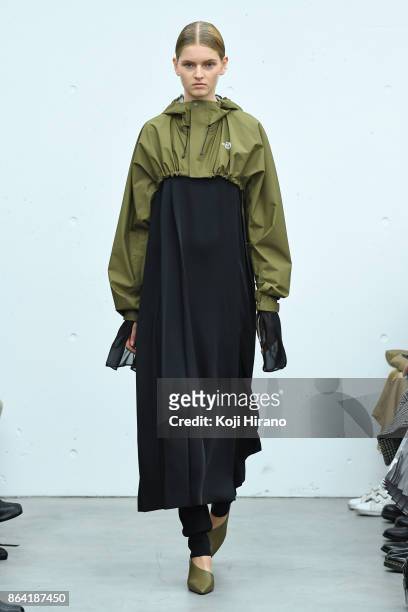 Model walks on the runway during the HYKE show as part of Amazon Fashion Week Tokyo 2018 S/S at Shibuya Hikarie Hall on October 19, 2017 in Tokyo,...