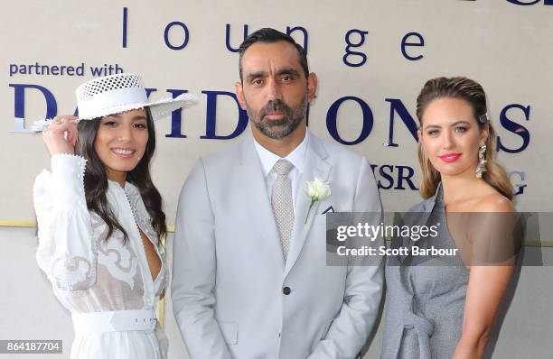 Jessica Gomes, Adam Goodes and Jesinta Franklin attend the David Jones Marquee on Caulfield Cup Day at Caulfield Racecourse on October 21, 2017 in...