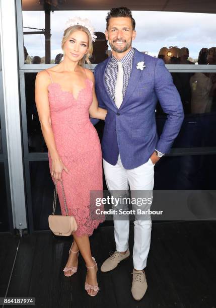 Tim Robards and Anna Heinrich attend the David Jones Marquee on Caulfield Cup Day at Caulfield Racecourse on October 21, 2017 in Melbourne, Australia.