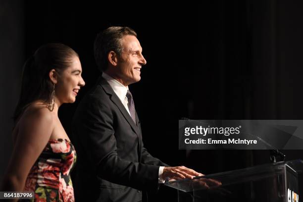National Student Council members Em Gentry and Tony Goldwyn speak onstage during the 2017 GLSEN Respect Awards at the Beverly Wilshire Hotel on...