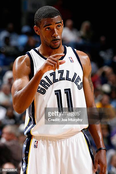 Mike Conley of the Memphis Grizzlies reacts during the game against the Phoenix Suns on April 10, 2009 at FedExForum in Memphis, Tennessee. The...