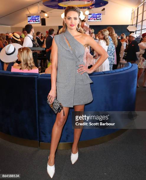 Jesinta Franklin attends the David Jones Marquee on Caulfield Cup Day at Caulfield Racecourse on October 21, 2017 in Melbourne, Australia.