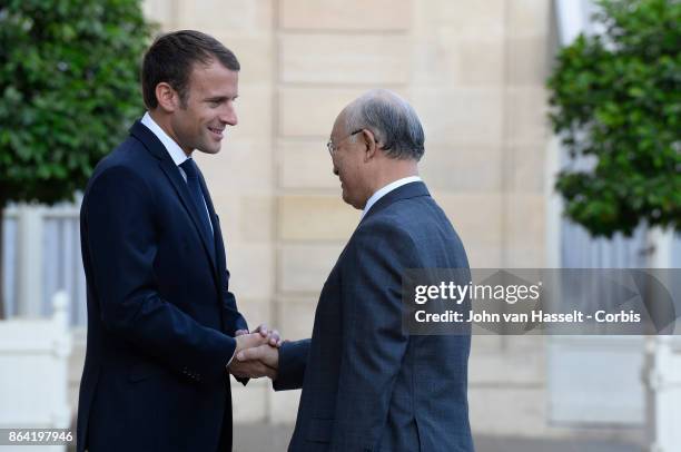 French President Emmanuel Macron meets Yukiya Amano, Director General of the International Atomic Energy Agency, the IAEA on October 19, 2017 in...