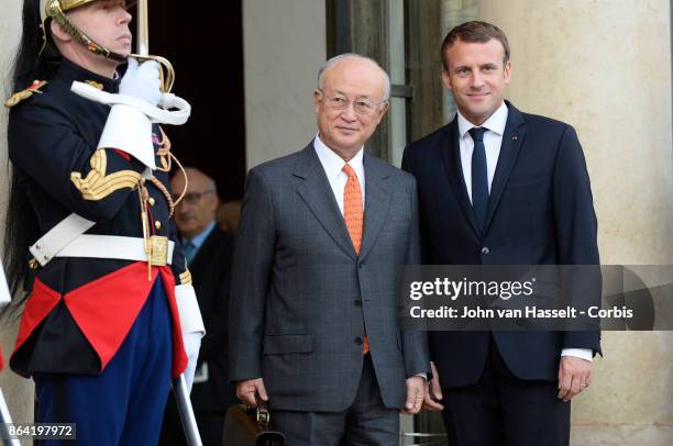 French President Emmanuel Macron meets Yukiya Amano, Director General of the International Atomic Energy Agency, the IAEA on October 19, 2017 in...