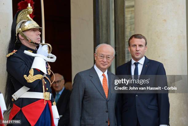 French President Emmanuel Macron meets Yukiya Amano, Director General of the International Atomic Energy Agency, the IAEA on October 19, 2017 in...