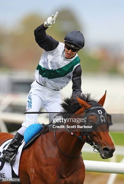 Jockey Cory Parish riding Boom Time celebrates as he wins race 8 The BMW Caulfield Cup during Caulfield Cup Day at Caulfield Racecourse on October...