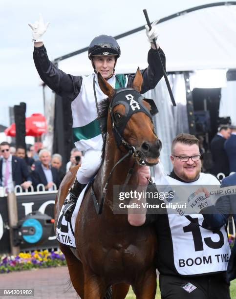 Cory Parish riding Boom Time after winning Race 8, Caulfield Cup during Melbourne Racing on Caulfield Cup Day at Caulfield Racecourse on October 21,...