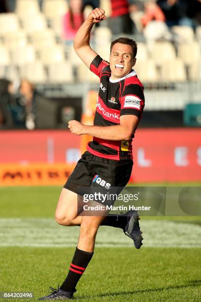Tim Bateman of Canterbury celebrates after scoring a try during the Mitre 10 Cup Semi Final match between Canterbury and North Harbour at AMI Stadium...