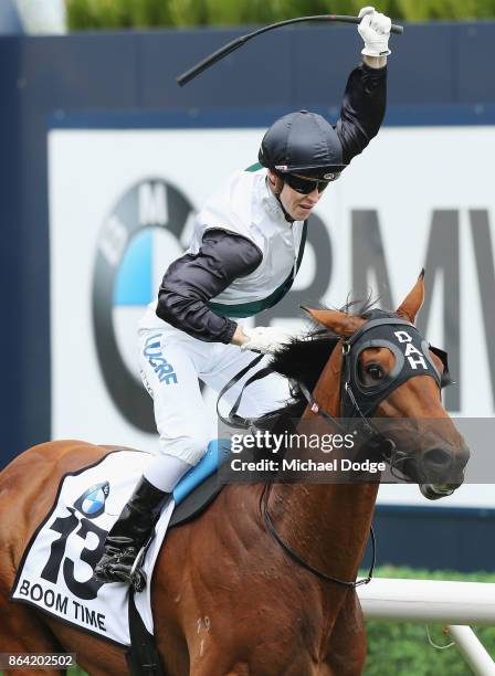 Boom Time ridden by Cory Parish wins the BMW Caulfield Cup during Melbourne Racing at on October 21, 2017 in Melbourne, Australia.