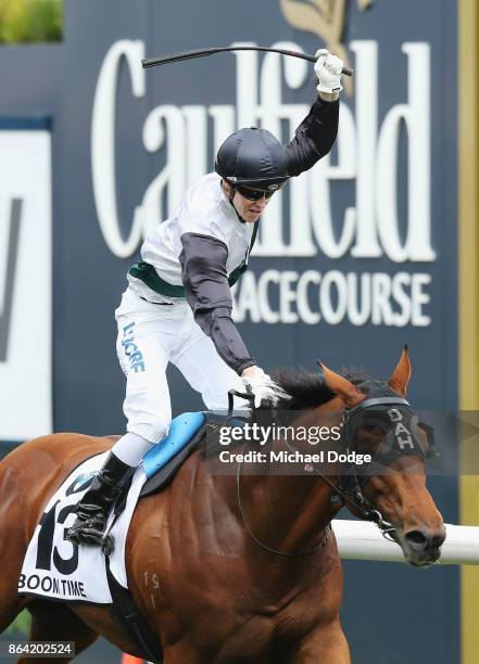 Boom Time ridden by Cory Parish wins the BMW Caulfield Cup during Melbourne Racing at Caulfield Racecourse on October 21, 2017 in Melbourne,...