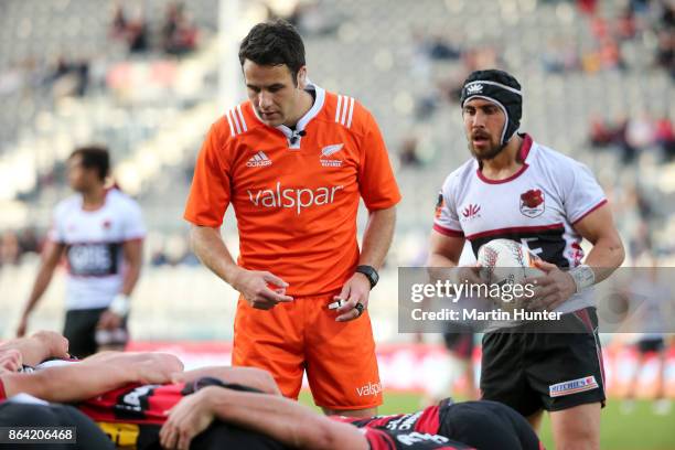 Referee Ben O'Keeffe makes a call during the Mitre 10 Cup Semi Final match between Canterbury and North Harbour at AMI Stadium on October 21, 2017 in...