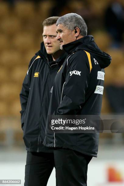 Coach Colin Cooper and assistant coach Willie Rickards of Taranaki looks on during the Mitre 10 Cup Semi Final match between Taranaki and Tasman at...