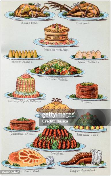 antique recipes book engraving illustration: supper dishes - retro style food stock illustrations