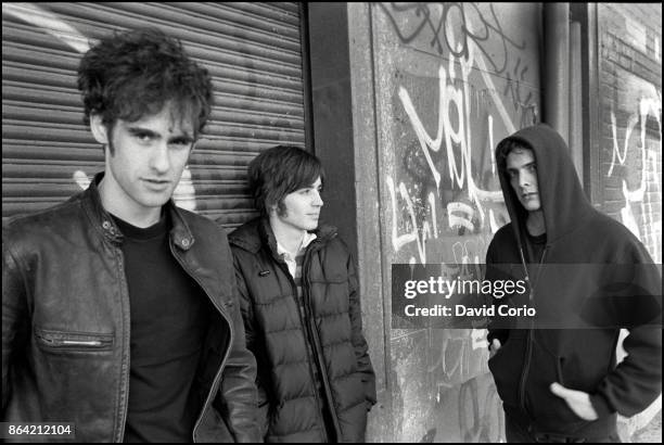 Black Rebel Motorcycle Club , portrait, on Gansevoort St, New York on 20 November 2001. Robert Levon Been, Nick Jago and Peter Hayes.