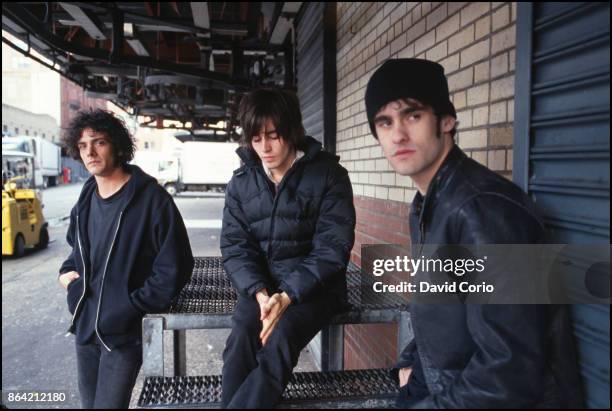 Black Rebel Motorcycle Club , portrait, on Gansevoort St, New York on 20 November 2001. Peter Hayes, Nick Jago and Robert Levon Been.