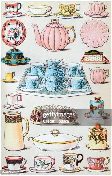 antique recipes book engraving illustration: crockery - porcelain stock illustrations