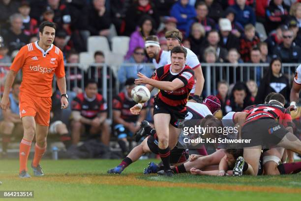 Jack Stratton of Canterbury passes the ball during the Mitre 10 Cup Semi Final match between Canterbury and North Harbour at AMI Stadium on October...