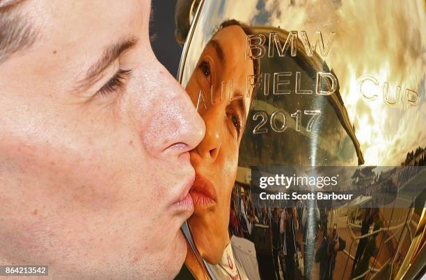 Jockey Cory Parish kisses the Caulfield Cup after riding Boom Time to win race 8 The BMW Caulfield Cup during Caulfield Cup Day at Caulfield...