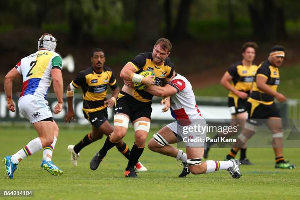 Ben McCalman runs the ball during the round eight NRC match between Perth and the Sydney Rays at McGillivray Oval on October 21, 2017 in Perth,...