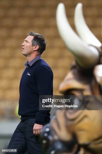 Coach Leon MacDonald of Tasman looks on beside Taranaki mascot, Ferdinand the Bull , during the Mitre 10 Cup Semi Final match between Taranaki and...