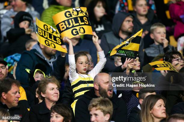 Taranaki fans show their support during the Mitre 10 Cup Semi Final match between Taranaki and Tasman at Yarrow Stadium on October 21, 2017 in New...