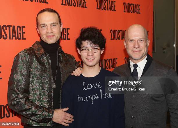 Jordan Roth, Jackson Foo Wong and Producer Richie Jackson pose at the Opening Night arrivals for "Torch Song" at The Second Stage Tony Kiser Theatre...