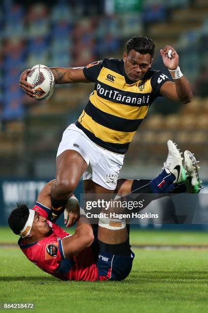 Seta Tamanivalu of Taranaki runs over Pete Samu of Tasman during the Mitre 10 Cup Semi Final match between Taranaki and Tasman at Yarrow Stadium on...