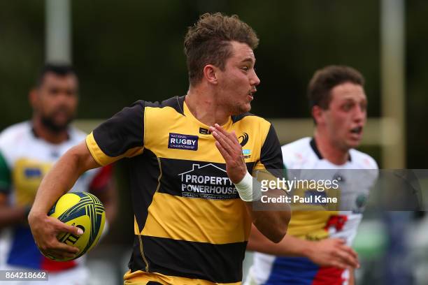 James Verity-Amm of the Spirit runs the ball during the round eight NRC match between Perth and the Sydney Rays at McGillivray Oval on October 21,...