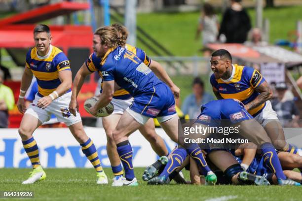 Mitchell Scott of Otago looking to pass the ball during the Mitre 10 Cup Semi Final match between Bay of Plenty and Otago on October 21, 2017 in...