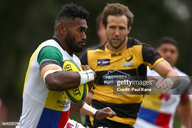 Robaleibau Buaserau of the Rays runs the ball during the round eight NRC match between Perth and the Sydney Rays at McGillivray Oval on October 21,...