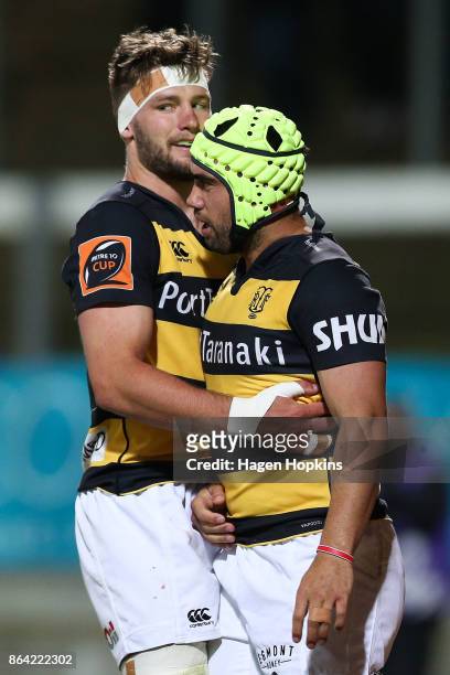 Charlie Ngatai of Taranaki celebrates with Lachlan Boshier after scoring a try during the Mitre 10 Cup Semi Final match between Taranaki and Tasman...