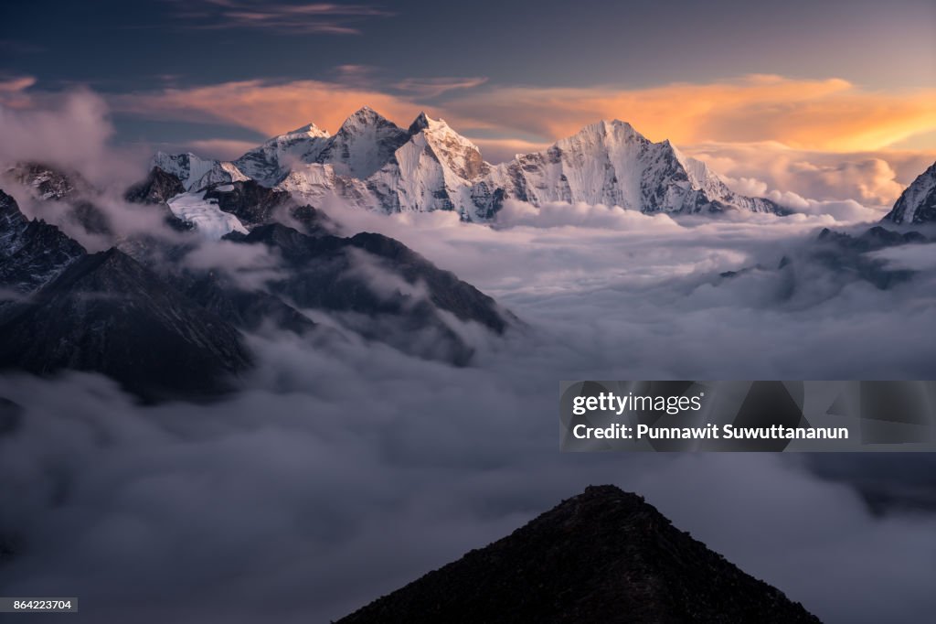 Himalaya mountains landscape from Kalapattar view point at sunset, Everest region, Nepal