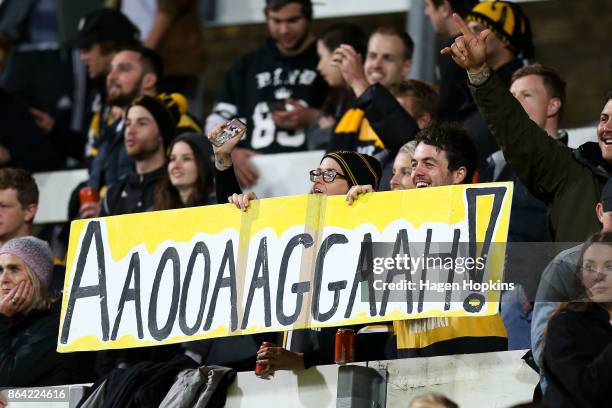 Taranaki fans show their support during the Mitre 10 Cup Semi Final match between Taranaki and Tasman at Yarrow Stadium on October 21, 2017 in New...