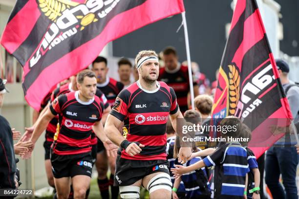 Luke Whitelock of Canterbury runs his team out during the Mitre 10 Cup Semi Final match between Canterbury and North Harbour at AMI Stadium on...