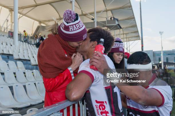 Ben Volavola of North Harbour and actress Shailene Woodley kissing following the Mitre 10 Cup Semi Final match between Canterbury and North Harbour...