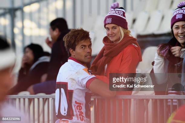 Ben Volavola of North Harbour and actress Shailene Woodley look on following the Mitre 10 Cup Semi Final match between Canterbury and North Harbour...
