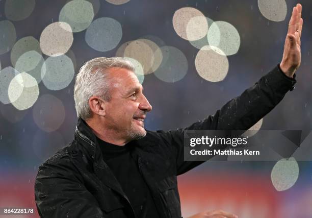 Head coach Pavel Dotchev of Rostock gestures prior to the third league match between FC Hansa Rostock and VfL Osnabrueck at Ostseestadion on October...