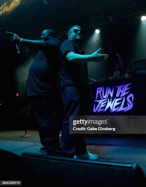 Rappers Killer Mike, El-P and Trakstar the DJ of Run the Jewels perform at Brooklyn Bowl Las Vegas on October 20, 2017 in Las Vegas, Nevada.