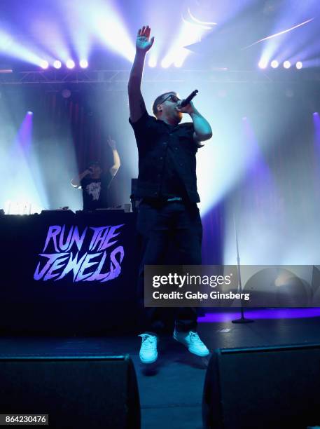 Trakstar the DJ and rapper El-P of Run the Jewels perform at Brooklyn Bowl Las Vegas on October 20, 2017 in Las Vegas, Nevada.