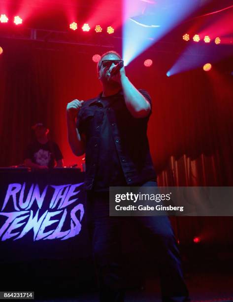 Trakstar the DJ and rapper El-P of Run the Jewels perform at Brooklyn Bowl Las Vegas on October 20, 2017 in Las Vegas, Nevada.