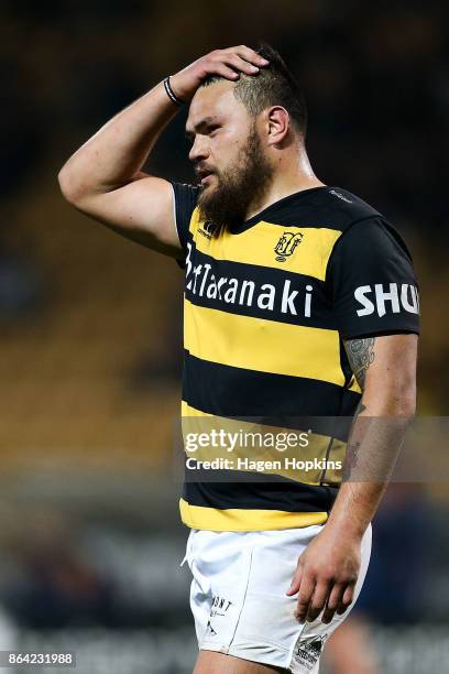 Angus Ta'avao of Taranaki looks on during the Mitre 10 Cup Semi Final match between Taranaki and Tasman at Yarrow Stadium on October 21, 2017 in New...