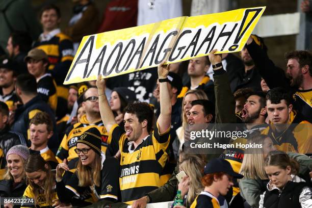 Taranaki fans show their support during the Mitre 10 Cup Semi Final match between Taranaki and Tasman at Yarrow Stadium on October 21, 2017 in New...