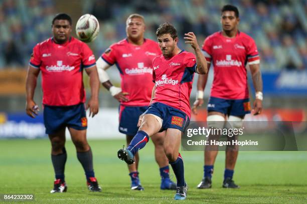 Mitchell Hunt of Tasman kicks for touch during the Mitre 10 Cup Semi Final match between Taranaki and Tasman at Yarrow Stadium on October 21, 2017 in...