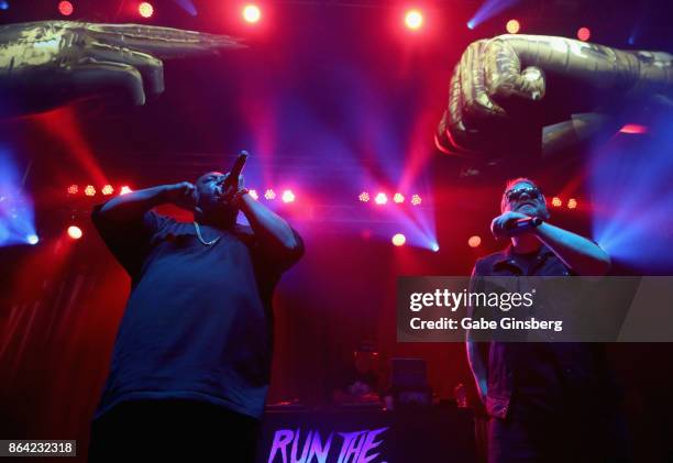 Rapper Killer Mike, Trakstar the DJ and rapper El-P of Run the Jewels perform at Brooklyn Bowl Las Vegas on October 20, 2017 in Las Vegas, Nevada.